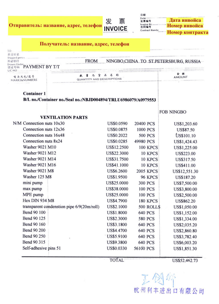 Инвойс в узбекистан образец