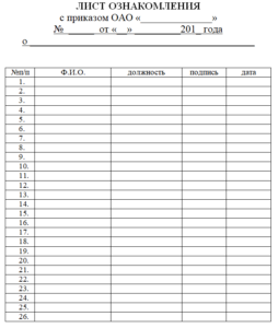 Лист ознакомления с приказом образец